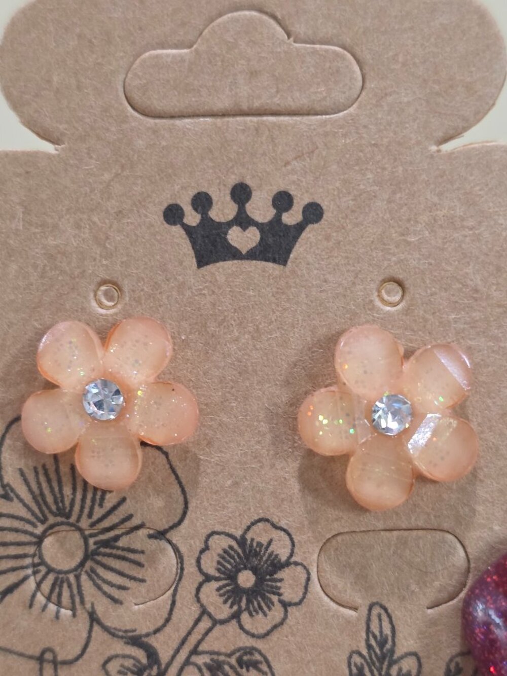 NOS Glitter Peach Faceted Petal Center Rhinestone Flower Stud Pierced Earrings